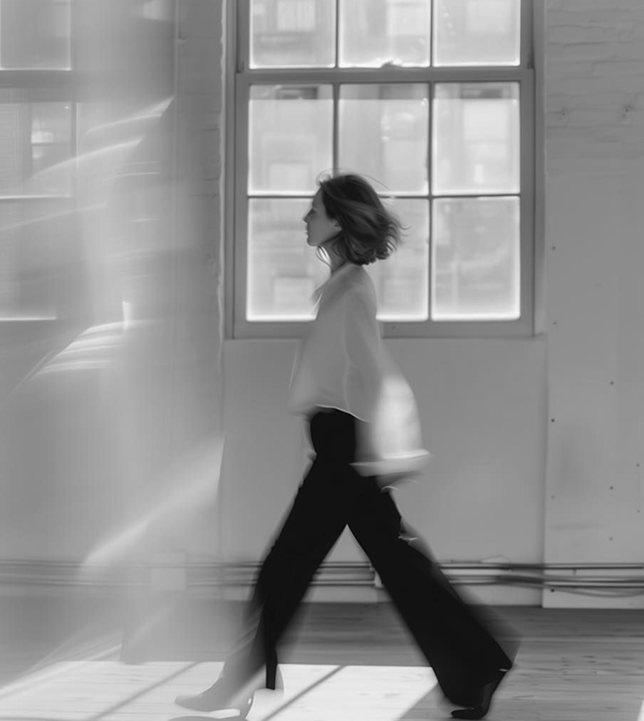 Mujer caminando, en movimiento hacia su proyecto